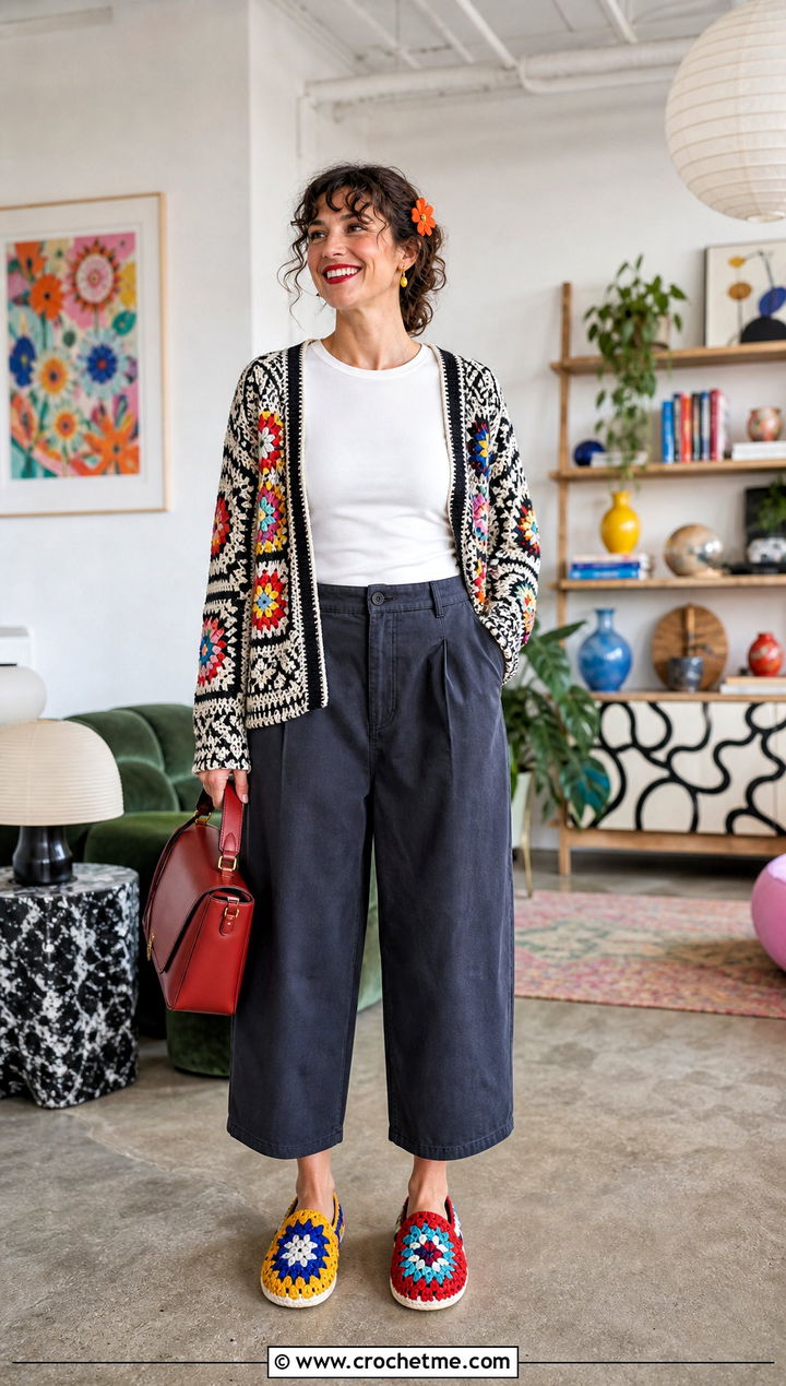 Mismatched Granny Square Slippers With Maximalist Outfit - 35 granny square slippers outfit ideas
