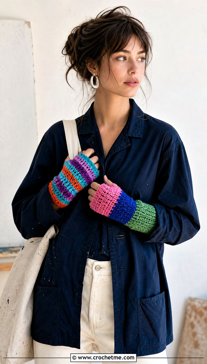 Mismatched Scrap Yarn Fingerless Gloves With Artist Smock And Jeans - 30 crocheted fingerless gloves outfit ideas