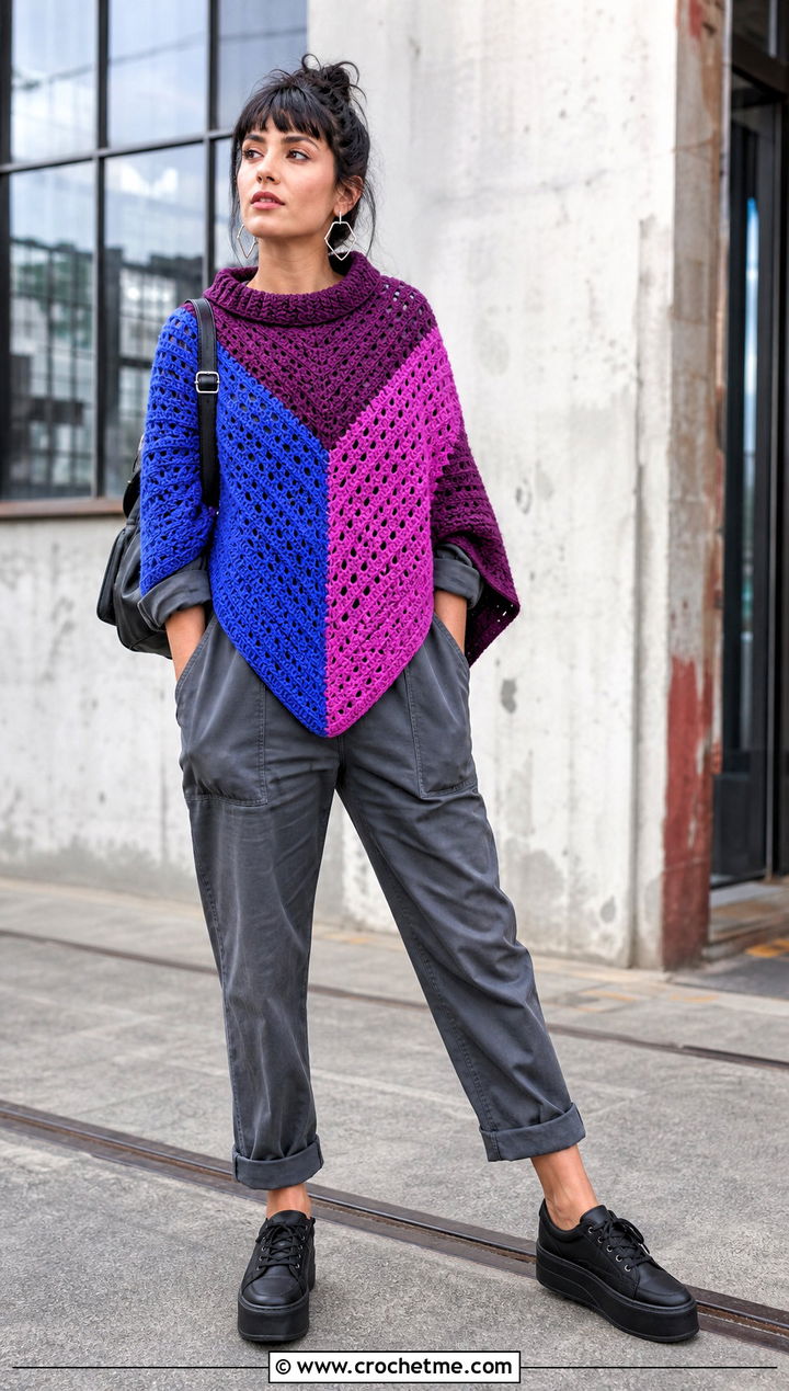 Mitered Crochet Poncho With Utility Jumpsuit - 15 diy crochet poncho outfit ideas