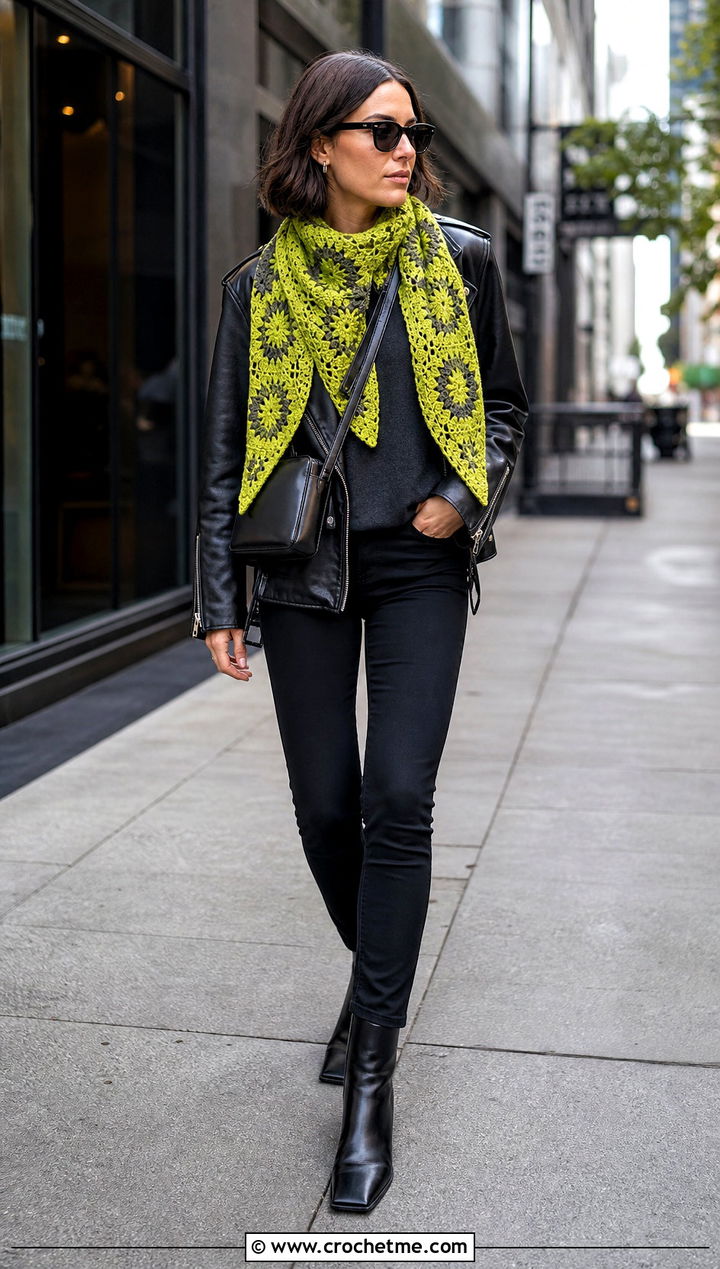 Mitered Granny Square Scarf With Leather Jacket And Black Jeans - 35 granny square crochet scarf outfit ideas