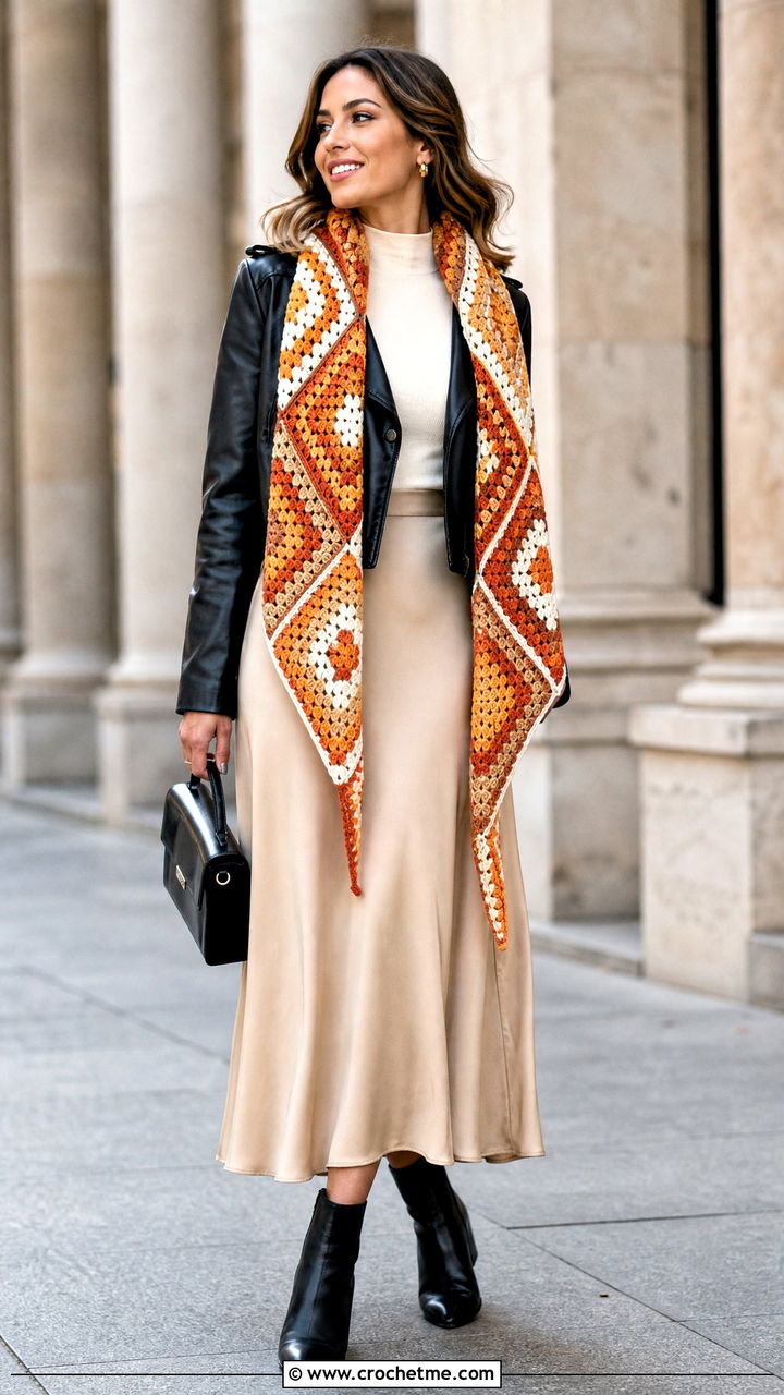 Mitered Granny Square Scarf With Moto Jacket And Midi Skirt - 35 granny square scarf outfit ideas