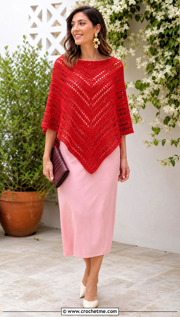 Mitered Lightweight Crochet Poncho With Column Midi Dress - 15 Lightweight Crochet Poncho outfit ideas