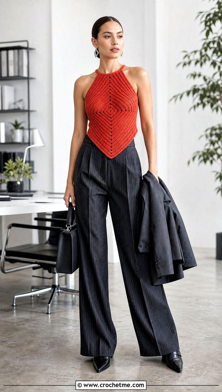 Mitered Single Granny Square Top With Pinstripe Pants - 25 single granny square top outfit ideas