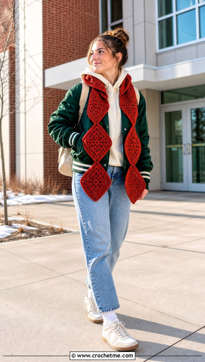 Mitered Square Crochet Scarf With Varsity Jacket - 35 Winter Crochet Scarfs For Women outfit ideas