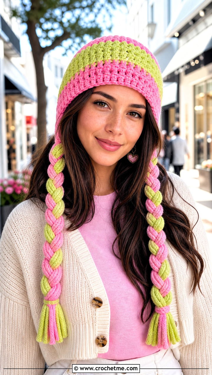 Mitsuri Braided Earflap Hat With Pastel Cardigan - 25 Demon Slayer Crochet Hat outfit ideas