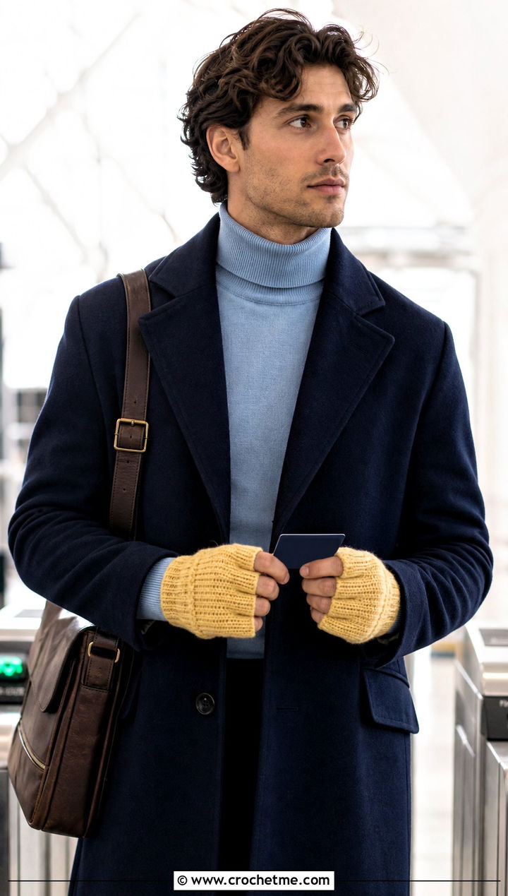Mitten Style Fingerless Gloves With Wool Overcoat - 25 Crochet Mens Fingerless Gloves outfit ideas
