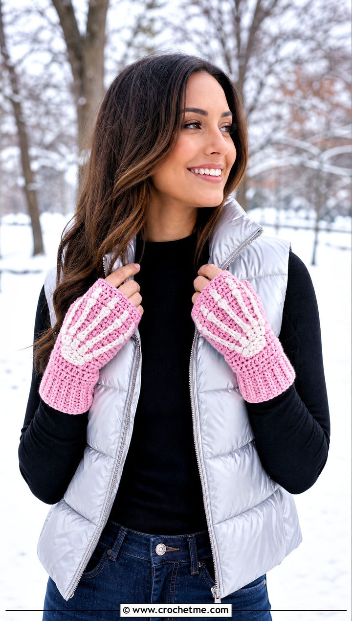 Mitten Style Skeleton Crochet Fingerless Gloves With Puffer Vest - 15 Skeleton Crochet Fingerless Gloves outfit ideas