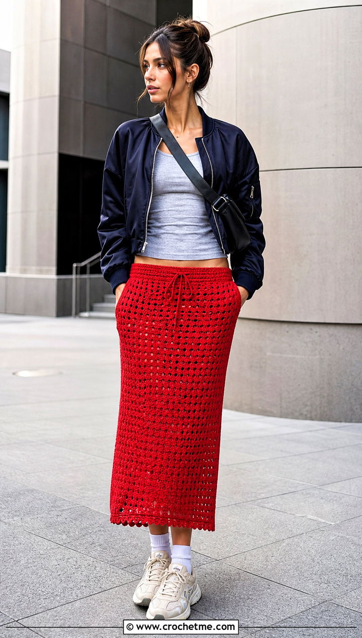 Miu Miu Crochet Effect Knit Skirt With Bomber Jacket - 25 Miu Miu Crochet Skirt outfit ideas