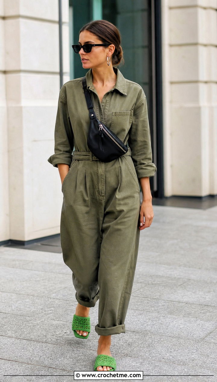 Miu Miu Crochet Slide Sandals With A Utility Jumpsuit - 15 Miu Miu Crochet Sandals outfit ideas
