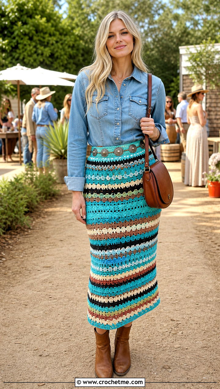 Miu Miu Granny Stripe Crochet Skirt With Western Shirt - 25 Miu Miu Crochet Skirt outfit ideas