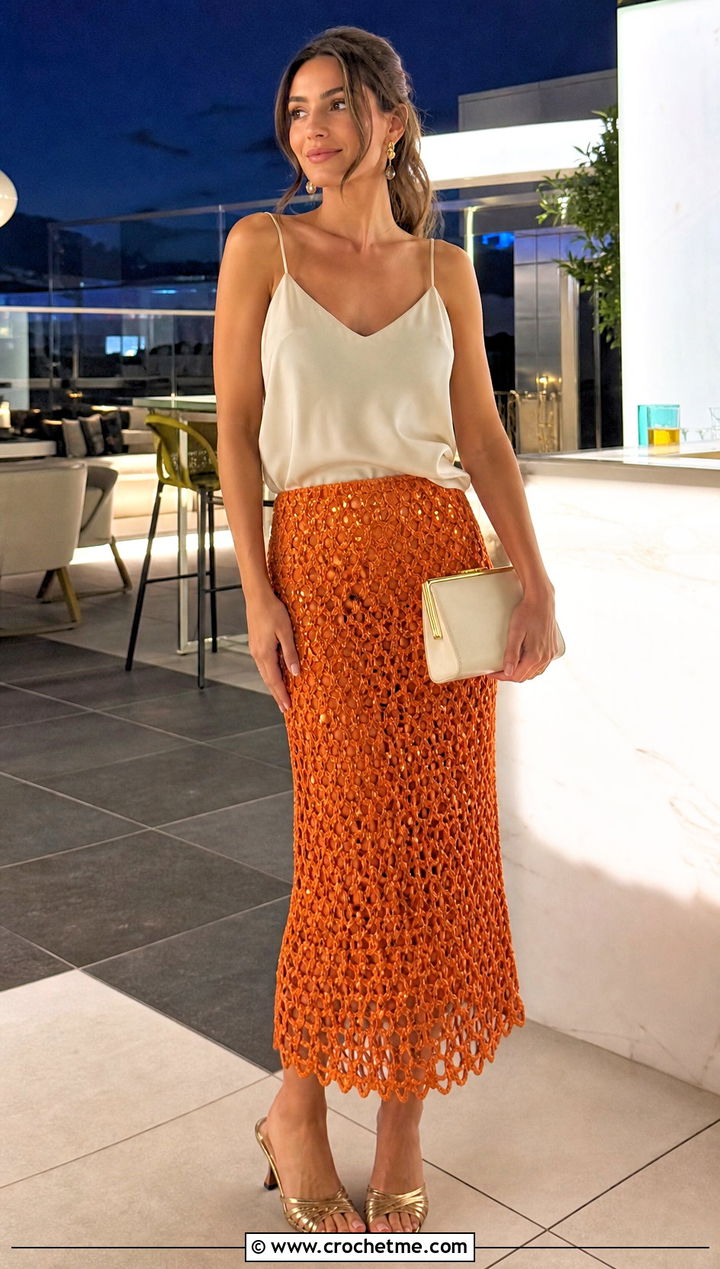 Miu Miu Metallic Crochet Skirt With Satin Camisole - 25 Miu Miu Crochet Skirt outfit ideas