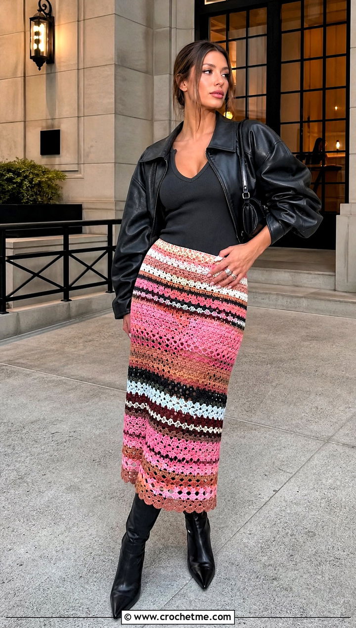Miu Miu Multicolor Crochet Skirt With Leather Jacket - 25 Miu Miu Crochet Skirt outfit ideas