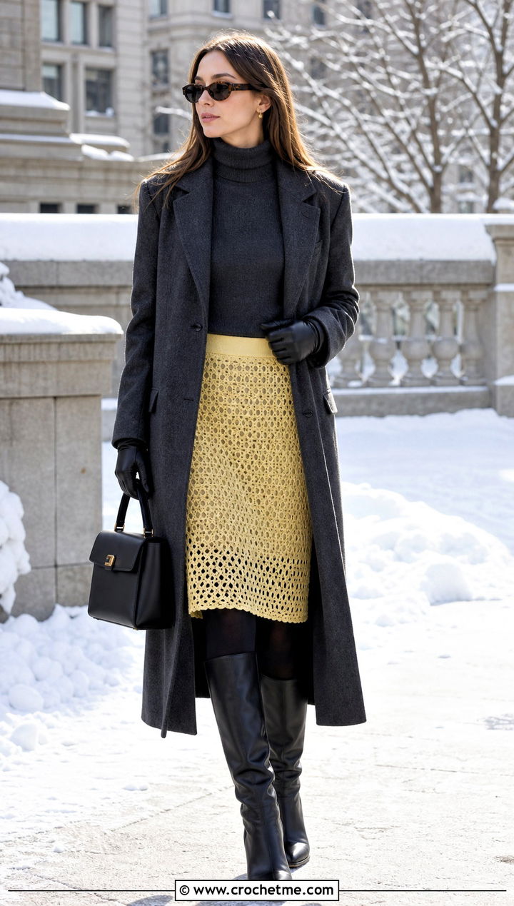 Miu Miu Open Stitch Crochet Skirt With Turtleneck And Coat - 25 Miu Miu Crochet Skirt outfit ideas