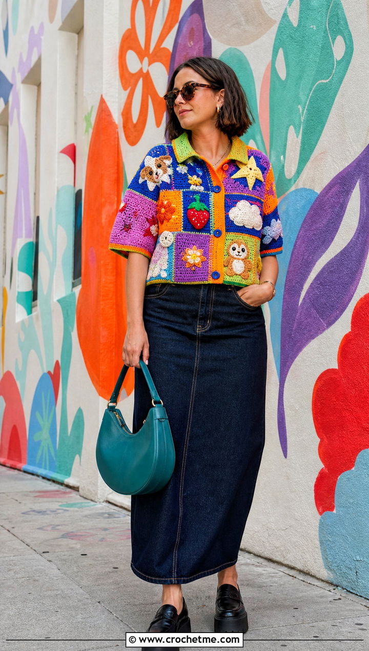 Mixed Amigurumi Patchwork Shirt With Denim Maxi Skirt - 30 Amigurumi Shirt outfit ideas