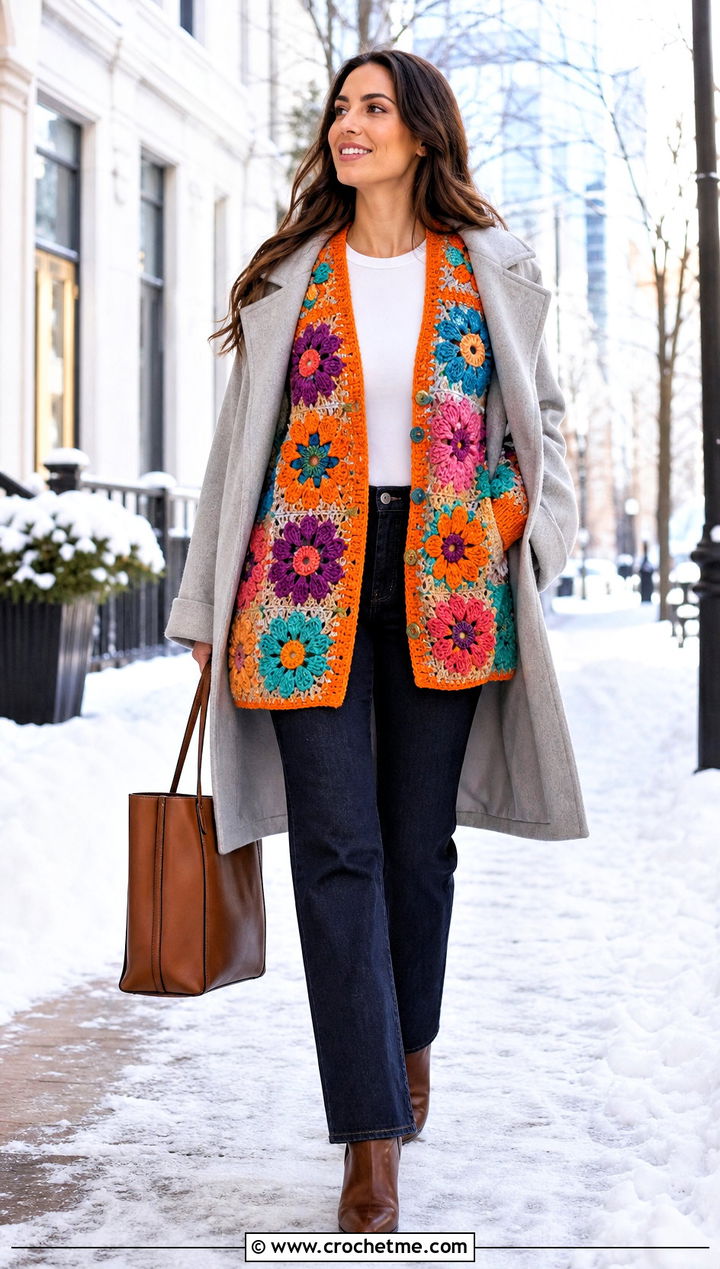 Mixed Bouquet Cardigan With Wool Coat And Jeans - 30 crochet flowers cardigan outfit ideas