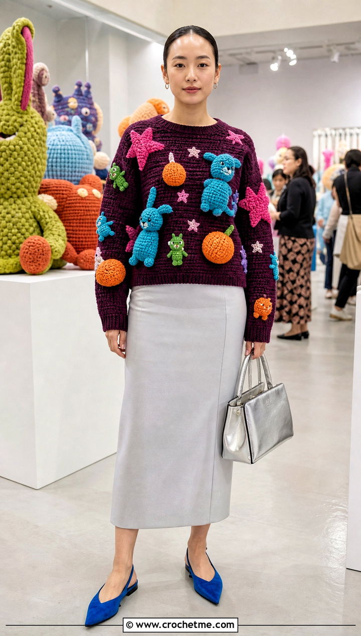 Mixed Character Amigurumi Sweater With Column Skirt - 30 amigurumi sweater outfit ideas