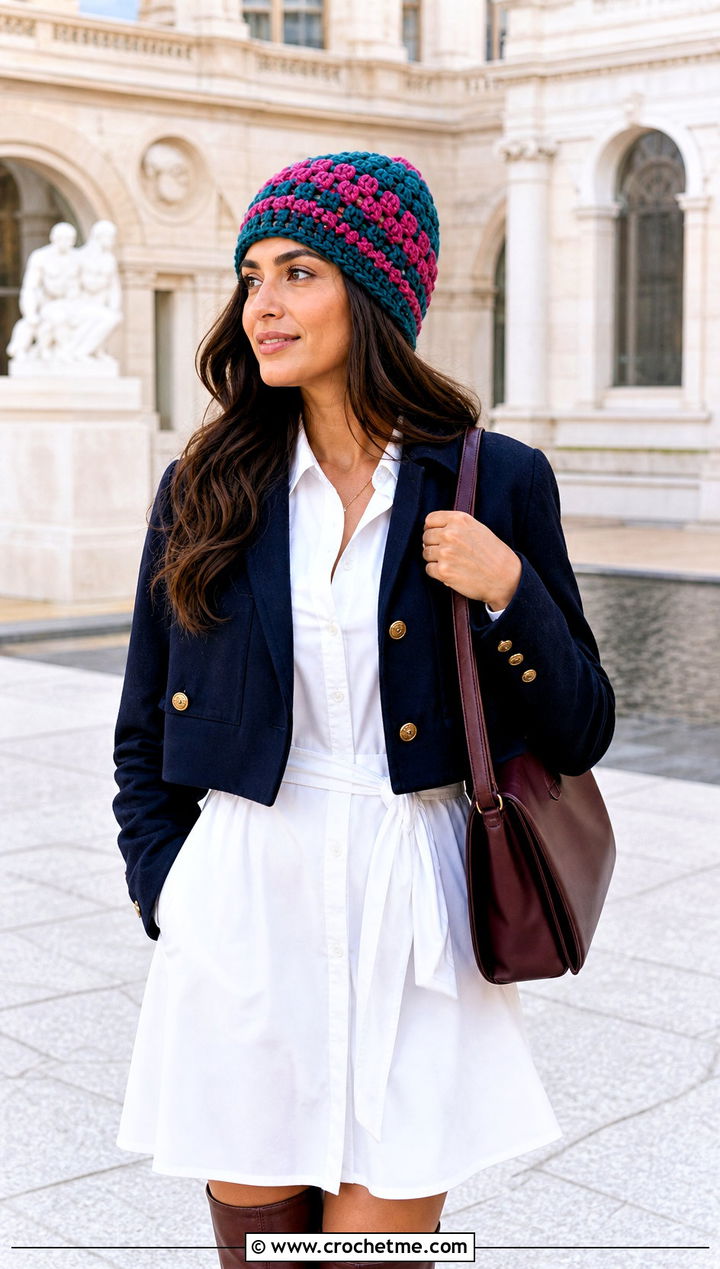 Mixed Cluster Striped Crochet Beanie With Shirt Dress - 25 striped crochet beanie outfit ideas