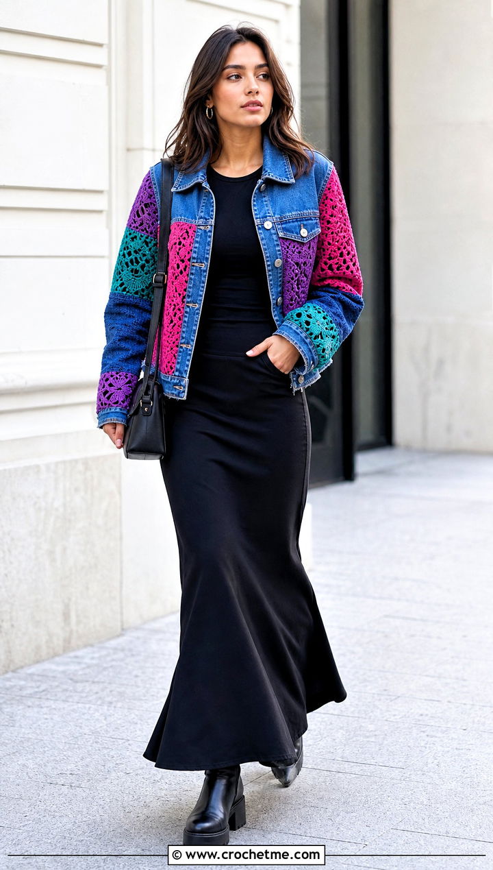 Mixed Crochet Panel Denim Jacket With Black Maxi Skirt - 30 crochet denim jacket outfit ideas