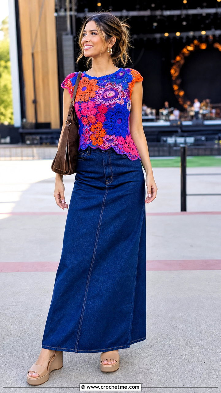 Mixed Flower Crochet Top With a Denim Maxi Skirt - 35 crochet flower top outfit ideas