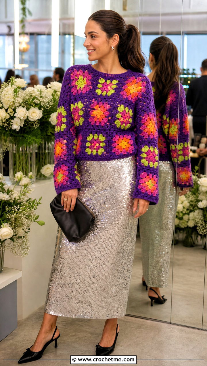 Mixed Flower Granny Square Sweater With Sequin Skirt - 30 flower granny square sweater outfit ideas
