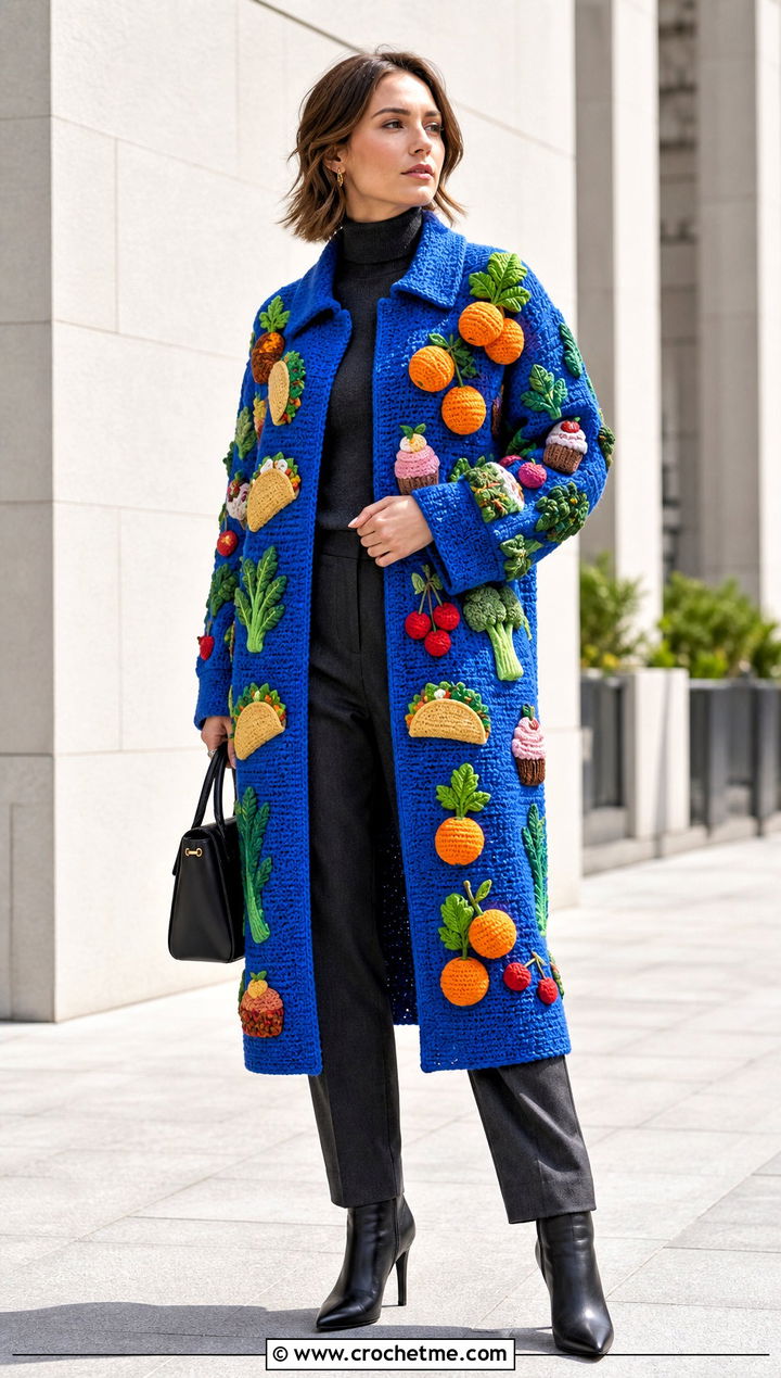 Mixed Food Crochet Coat With Monochrome Basics - 20 Funny Crochet Clothes and outfit ideas
