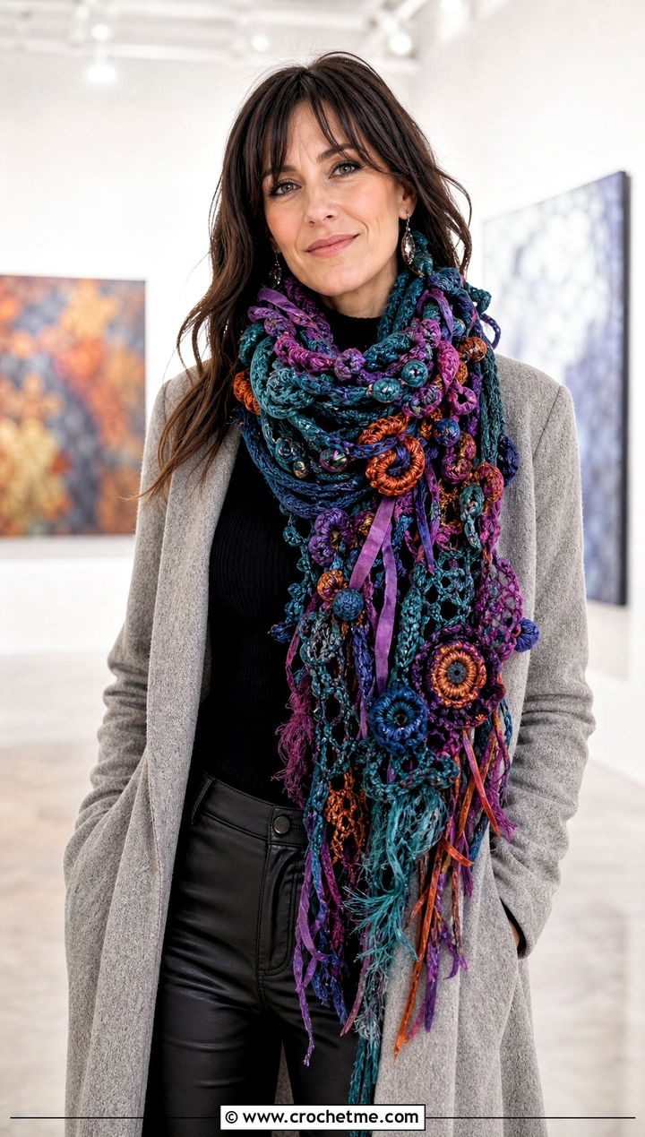 Mixed Media Freeform Crochet Scarf With Long Coat And Leather Pants - 25 Freeform Crochet Scarf outfit ideas