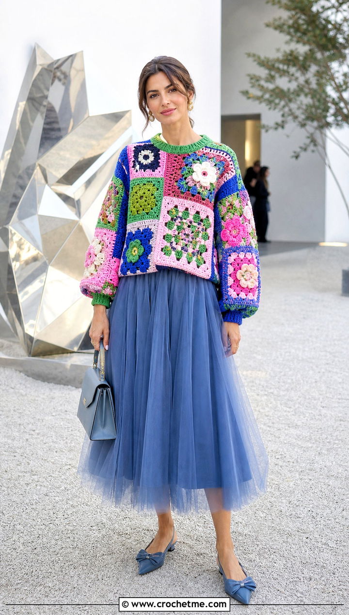 Mixed Motif Crochet Block Sweater With a Tulle Midi Skirt - 30 crochet block sweater outfit ideas