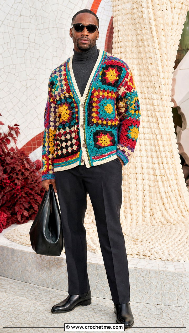 Mixed Motif Crochet Cardigan With Monochrome Clothes - 35 mens crochet cardigan outfit ideas