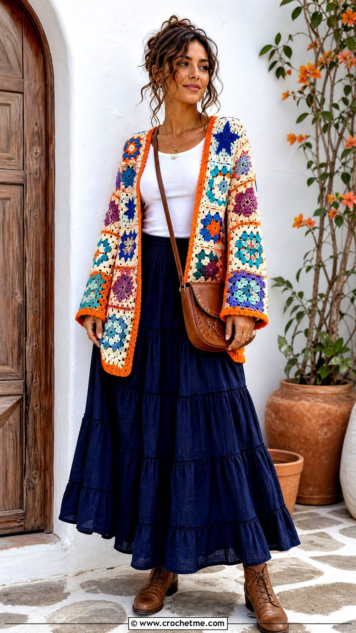 Mixed Motif Crochet Folklore Cardigan With Tiered Maxi Skirt - 35 crochet folklore cardigan outfit ideas