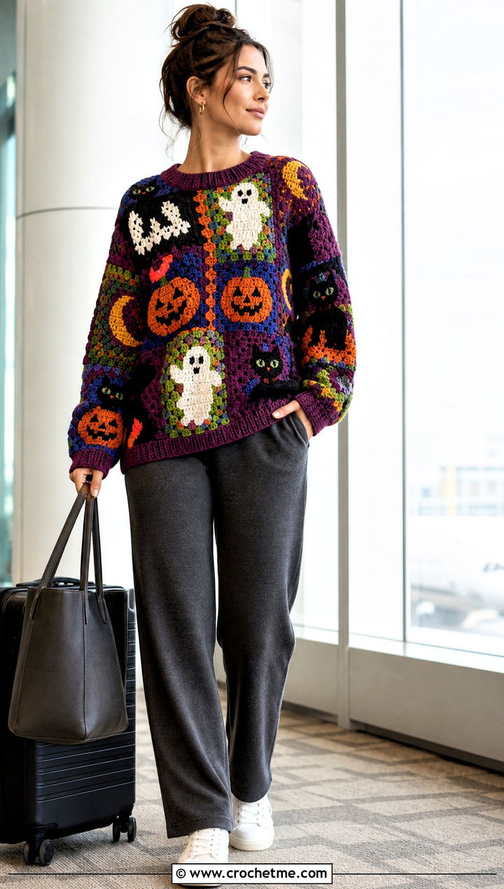 Mixed Motif Crochet Halloween Sweater With Matching Knit Pants - 35 Crochet Halloween Sweater outfit ideas