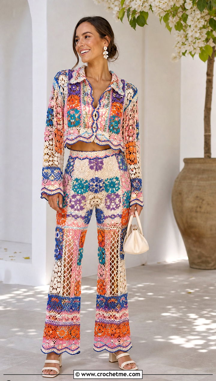 Mixed Motif Crochet Lace Co Ord With Simple Accessories - 30 crochet lace clothes and outfit ideas