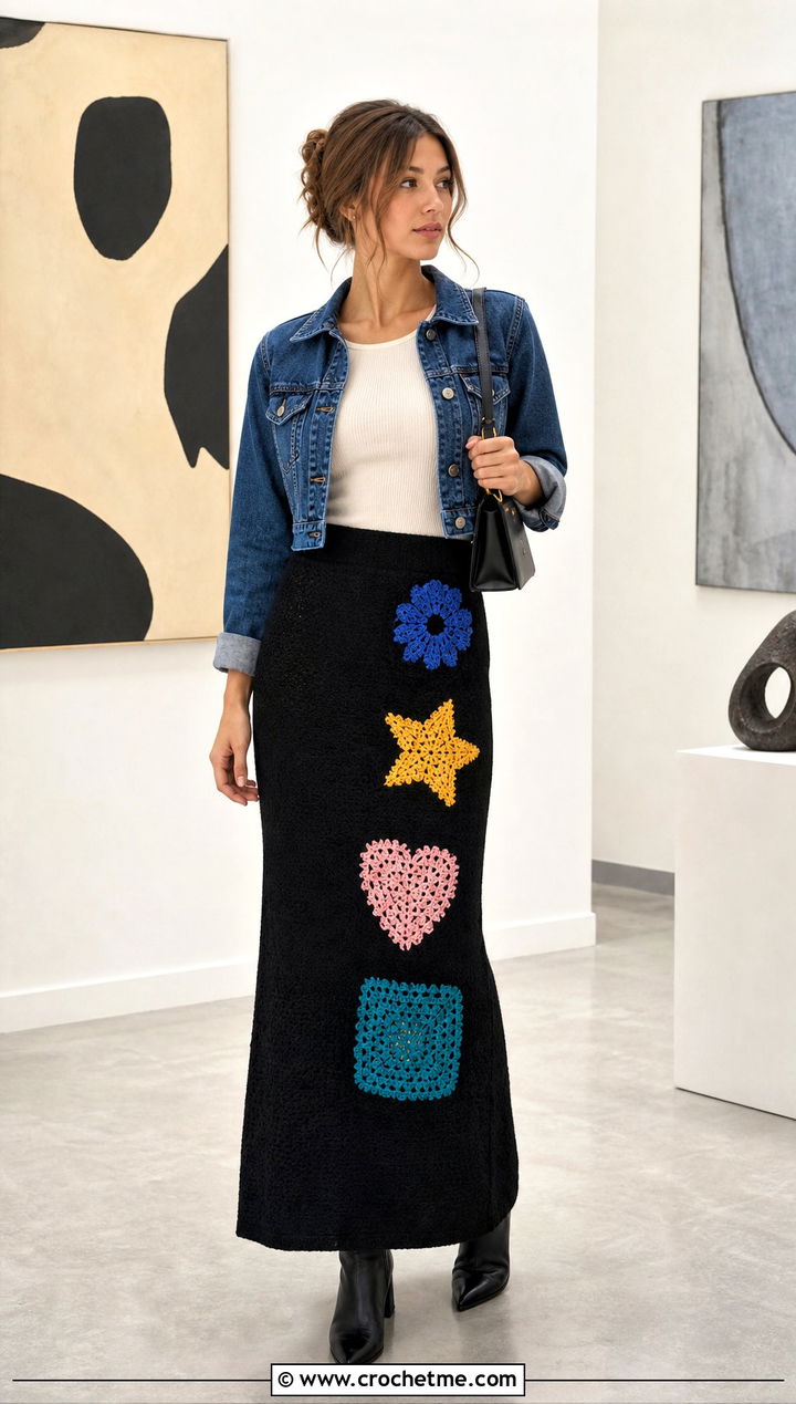 Mixed Motif Crochet Patch Maxi Skirt Outfit - 30 crochet patches on clothes and outfit ideas
