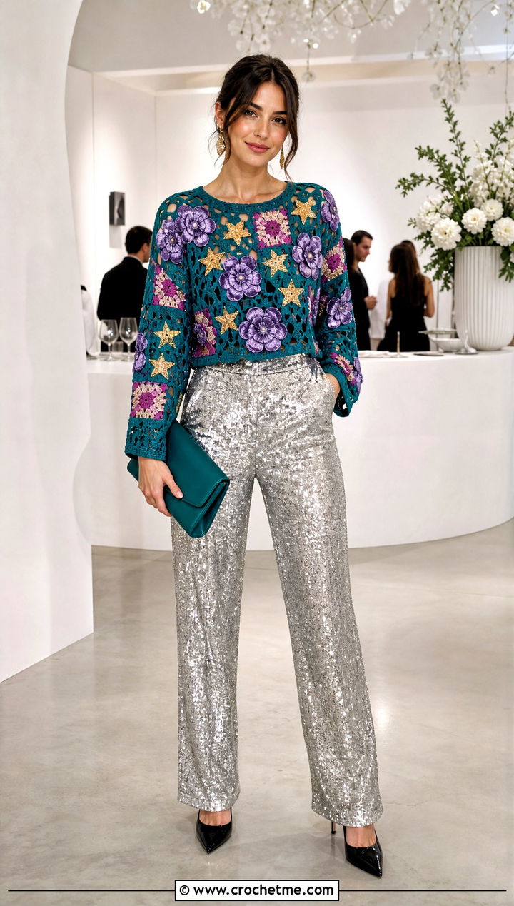 Mixed Motif Crochet Sweater With Sequin Trousers - 25 Patterned Crochet Sweater outfit ideas