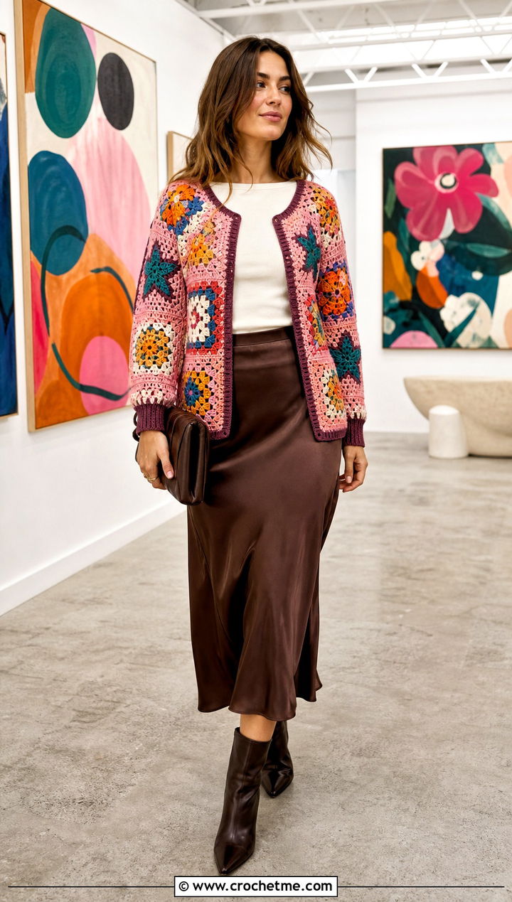 Mixed Motif Granny Square Cardigan With Bias Cut Skirt - 30 cardigan with granny square outfit ideas