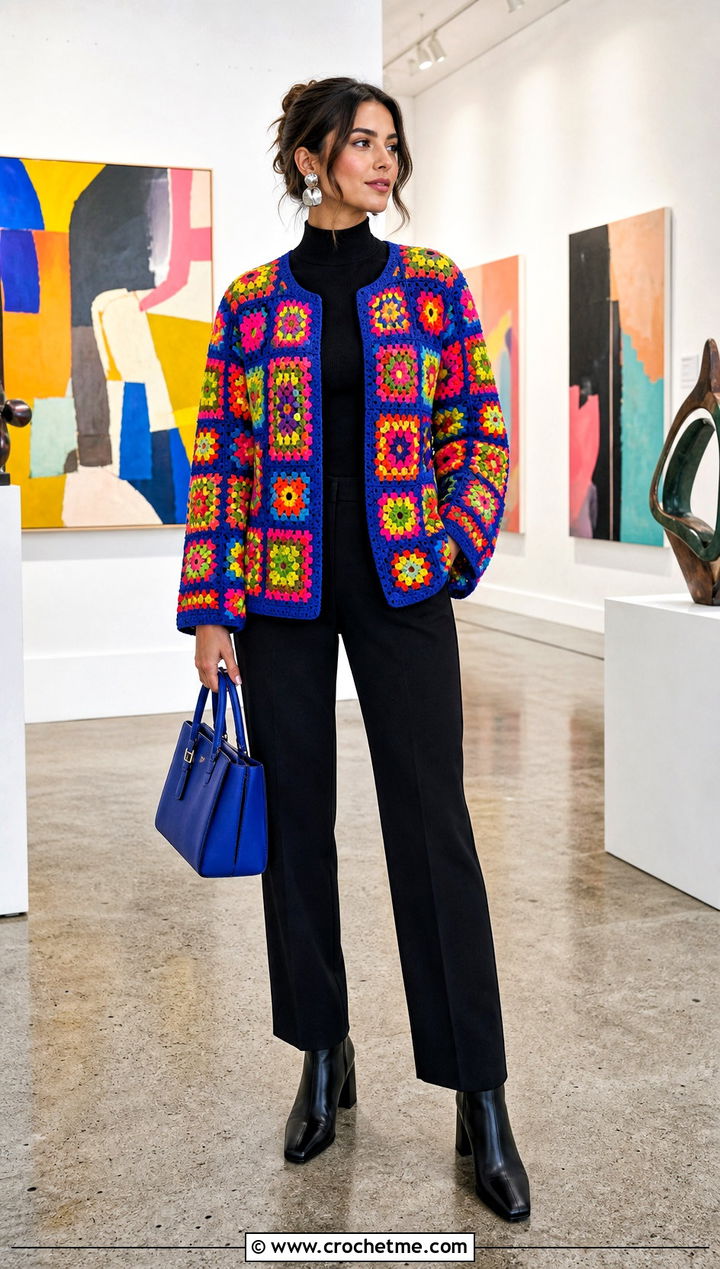 Mixed Motif Granny Square Cardigan With Black Basics - 25 Two Granny Square Cardigan outfit ideas