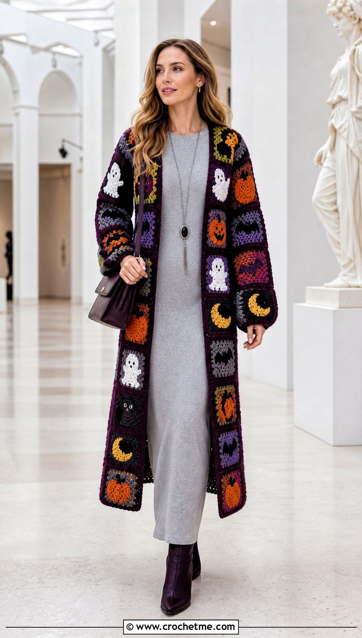 Mixed Motif Granny Square Halloween Sweater With Column Dress - 15 Crochet Granny Square Halloween Sweater outfit ideas