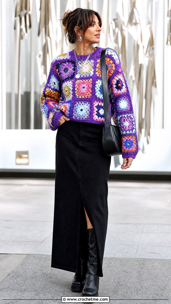 Mixed Motif Granny Square Jumper With Black Maxi Skirt - 35 crochet granny square jumper outfit ideas