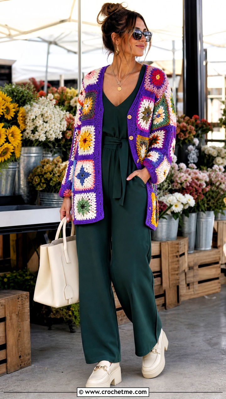 Mixed Motif Granny Square Patchwork Cardigan With Simple Jumpsuit - 30 Granny Square Patchwork Cardigan outfit ideas
