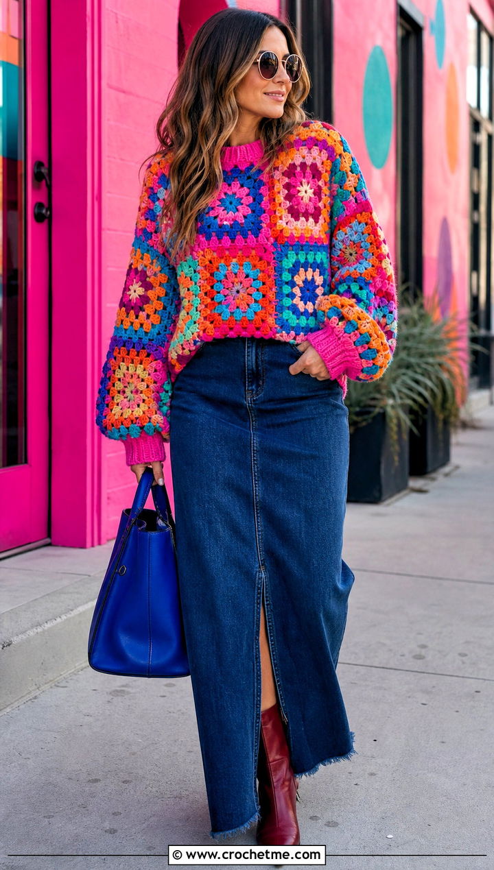 Mixed Motif Granny Square Pullover Sweater With Denim Maxi Skirt - 35 Granny Square Pullover Sweater outfit ideas