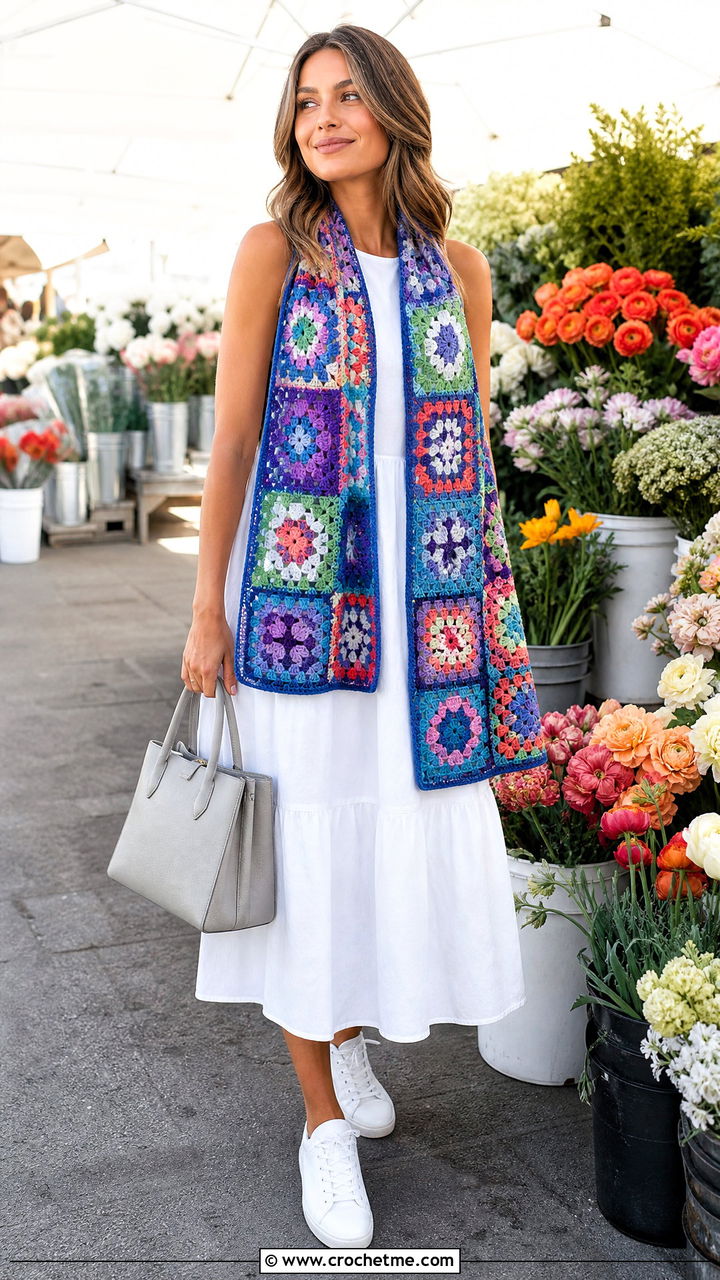 Mixed Motif Granny Square Scarf With White Dress And Sneakers - 35 granny square scarf outfit ideas