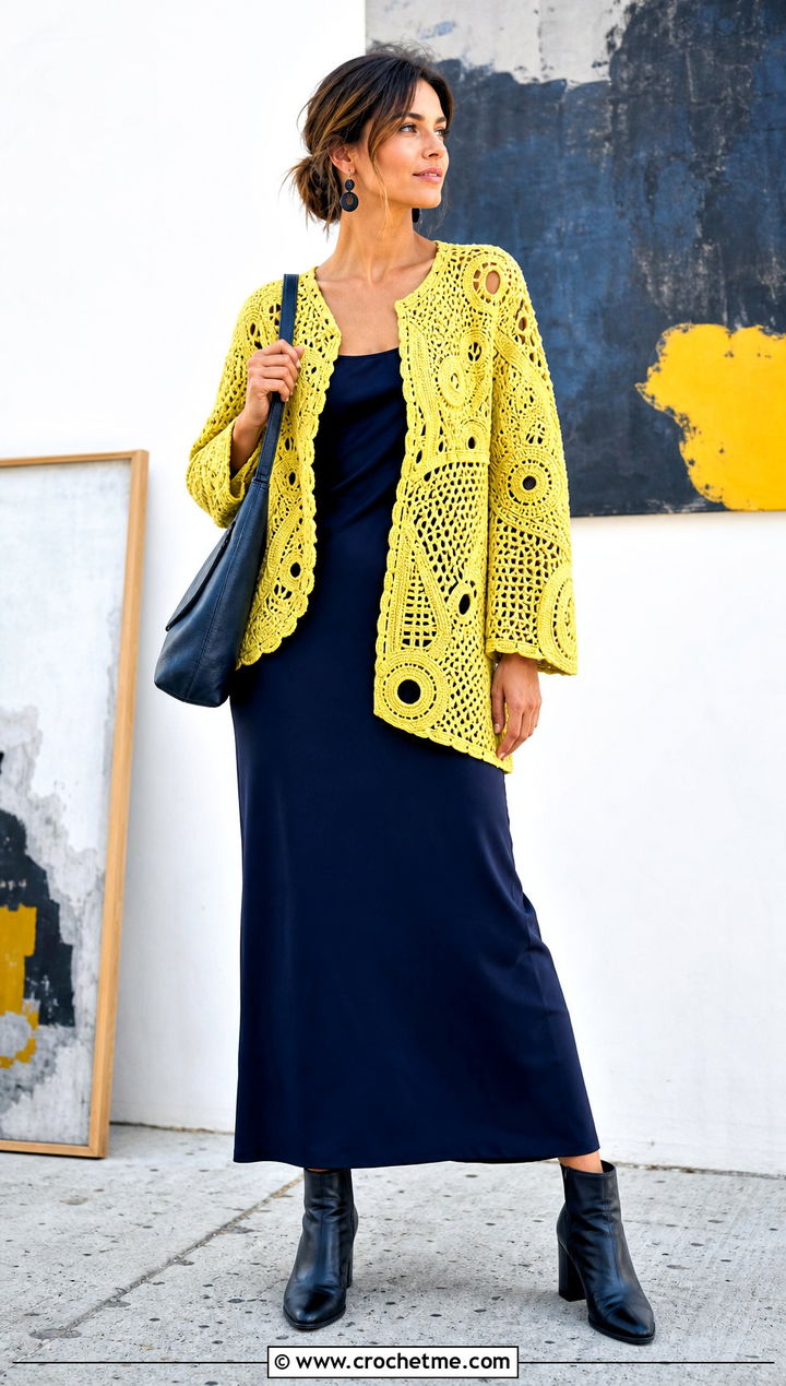 Mixed Shape Crochet Jacket With Column Dress - 25 weird crochet clothes and outfit ideas