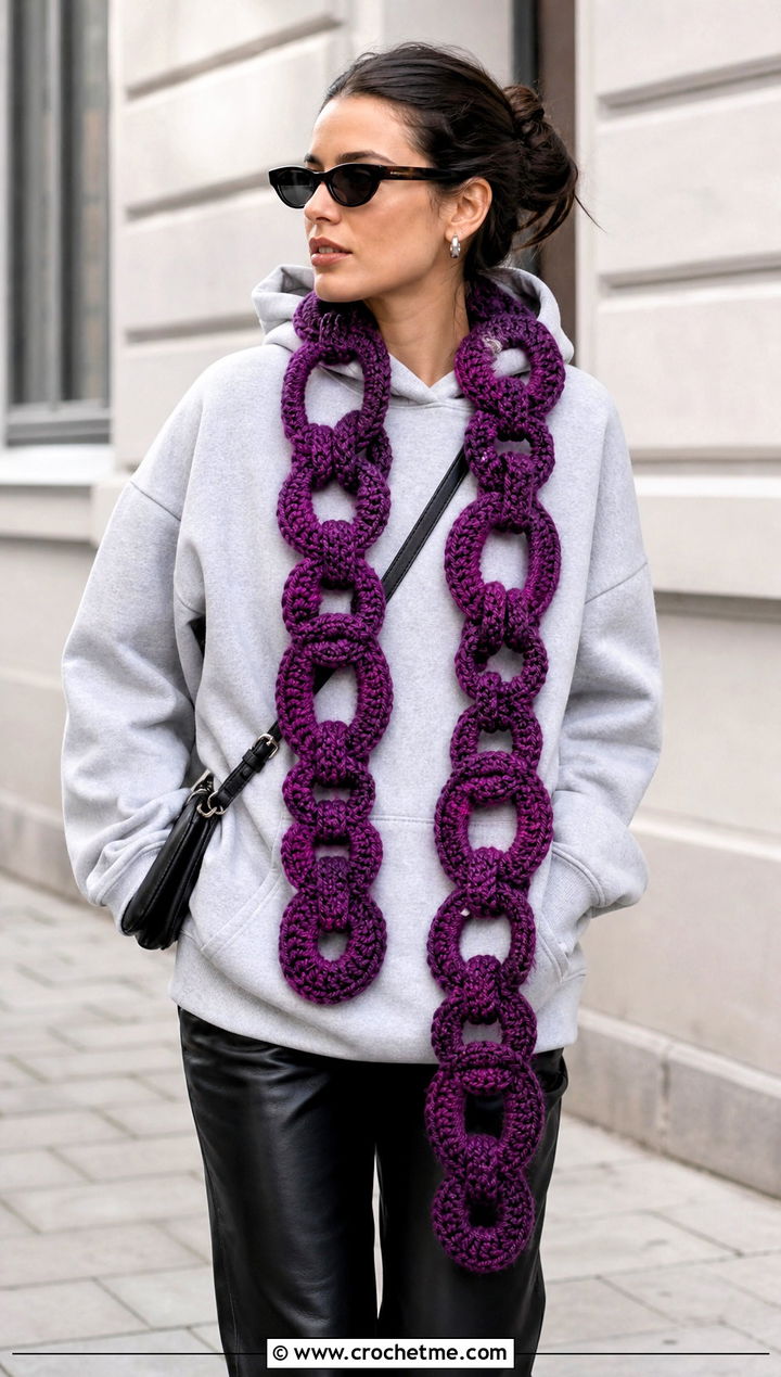 Mixed Size Chain Link Crochet Scarf With Hoodie And Leather Pants - 15 Chain Link Crochet Scarf outfit ideas