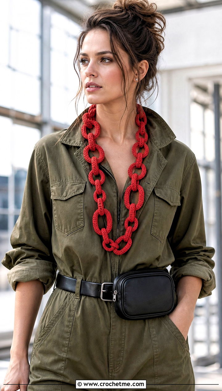 Mixed Size Chain Link Scarf With Utility Jumpsuit - 25 Crochet Chain Link Scarf outfit ideas