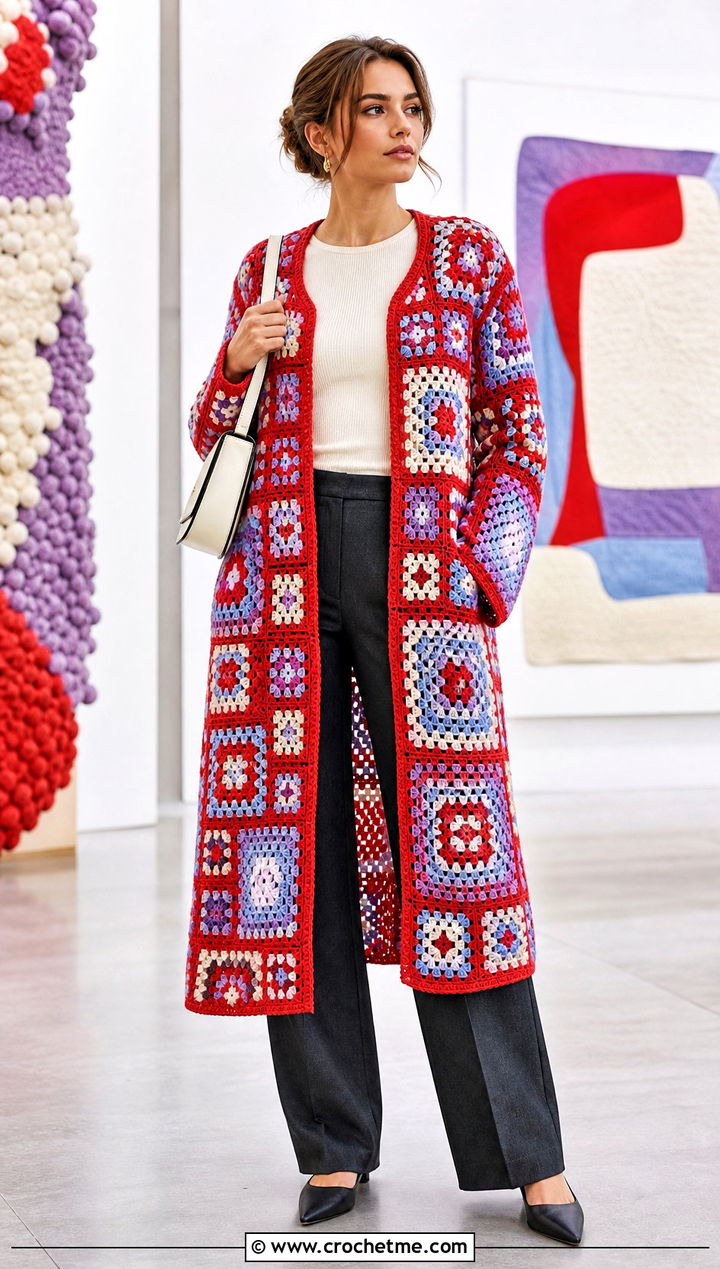 Mixed Size Granny Square Duster With Straight Leg Trousers - 35 granny square duster outfit ideas