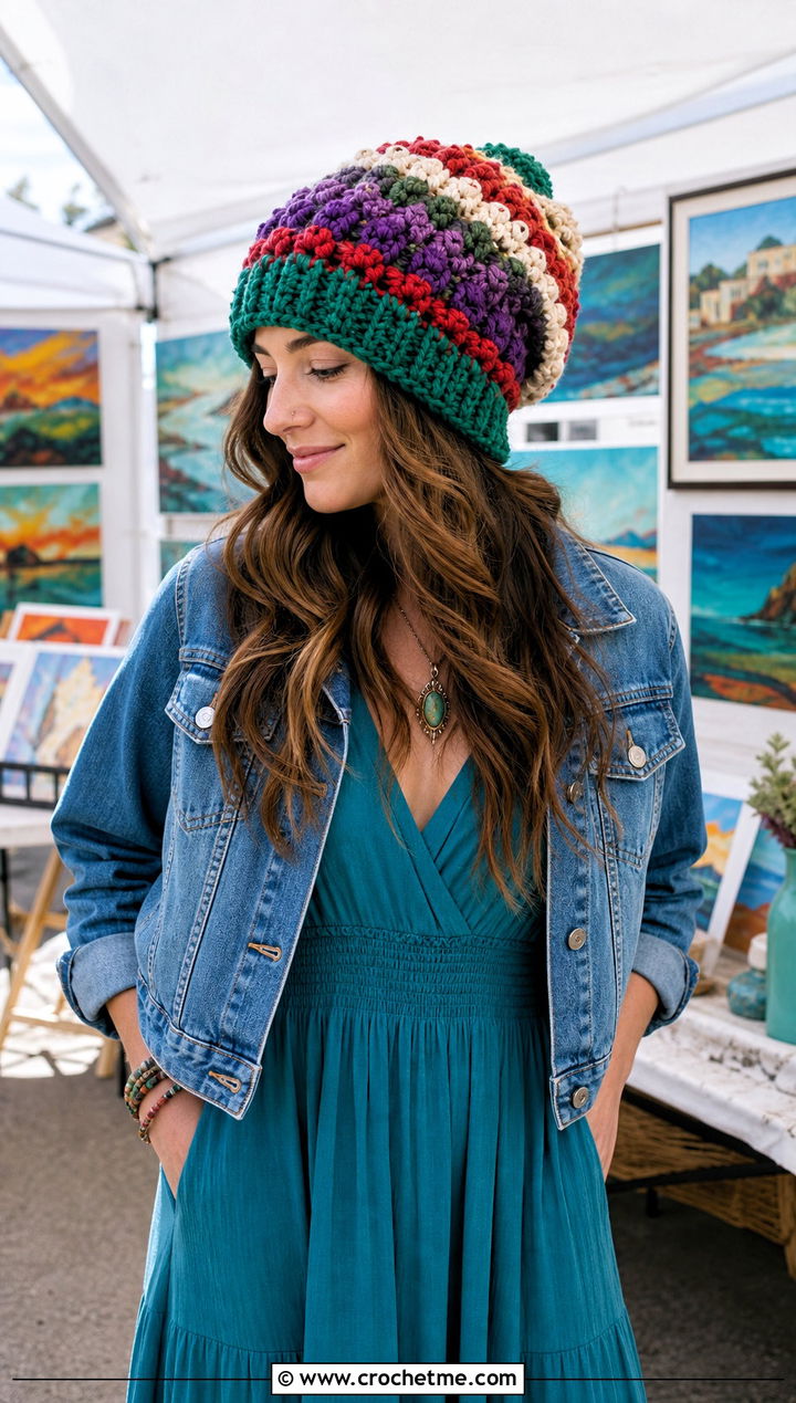 Mixed Stitch Bulky Crochet Beanie With Maxi Dress - 30 bulky crochet beanie outfit ideas