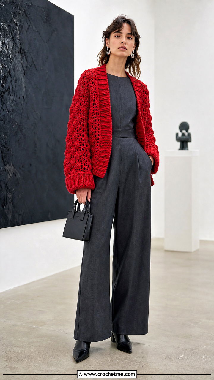 Mixed Stitch Chunky Crochet Sweater Over A Tailored Jumpsuit - 35 chunky crochet sweater outfit ideas