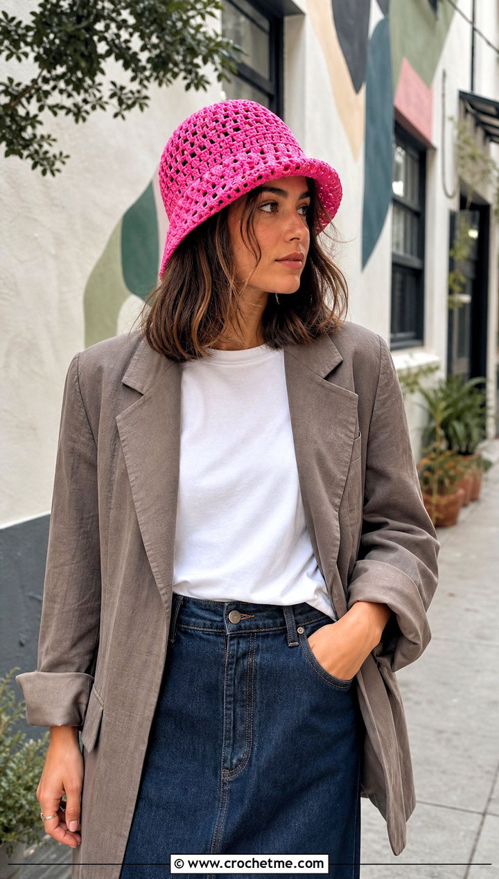 Mixed Stitch Crochet Raffia Bucket Hat With Denim Maxi Skirt - 25 crochet raffia bucket hat outfit ideas