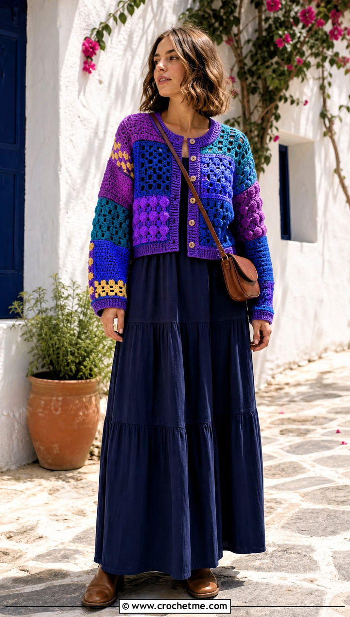 Mixed Stitch Patchwork Cardigan With a Tiered Maxi Dress - 30 crochet patch work cardigan outfit ideas