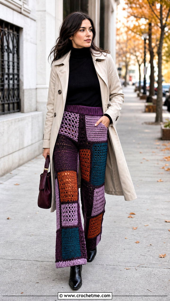 Mixed Stitch Patchwork Crochet Pants With Trench Coat - 25 colorful crochet pants outfit ideas