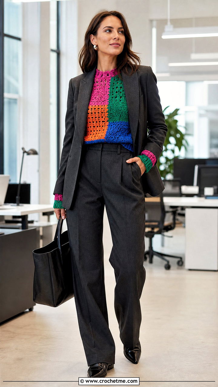 Mixed Stitch Patchwork Crochet Sweater With Tailored Suit - 35 patchwork crochet sweater outfit ideas